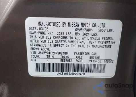 2006 Infiniti M45 from USA, damaged, VIN JNKBY01E26M202480